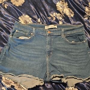 Signature by Levi Strauss Medium Blue Frayed Hem Denim Cutoff Shorts